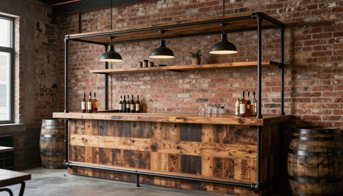 Industrial bar with black pipe shelving and reclaimed wood