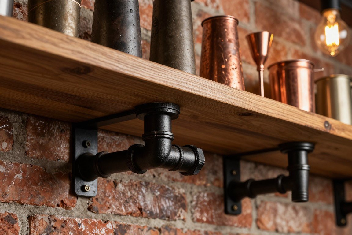 Industrial bar with pipe shelving detail and vintage accessories for built-in bar ideas