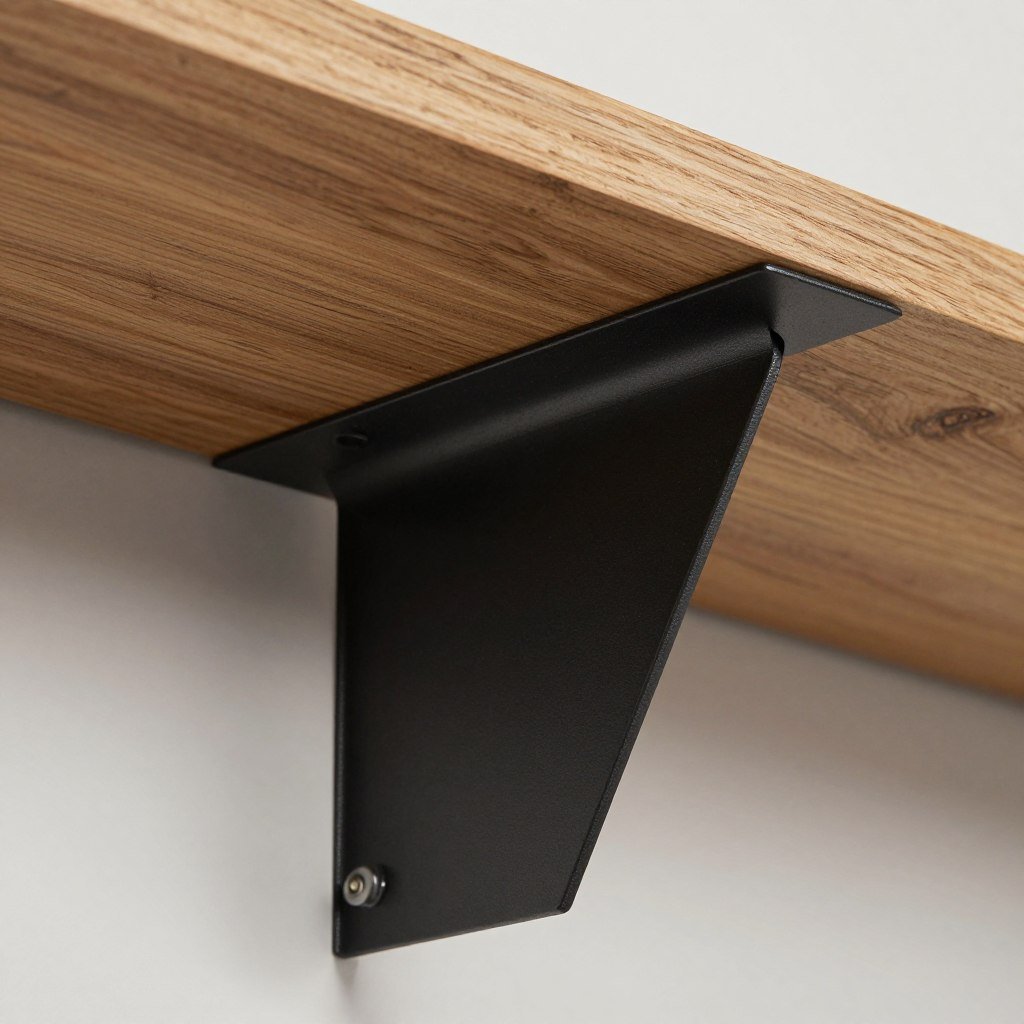 Industrial black metal brackets supporting wooden bar shelf