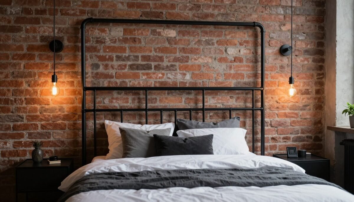 Industrial black metal pipe DIY headboard frame with geometric design in modern loft bedroom