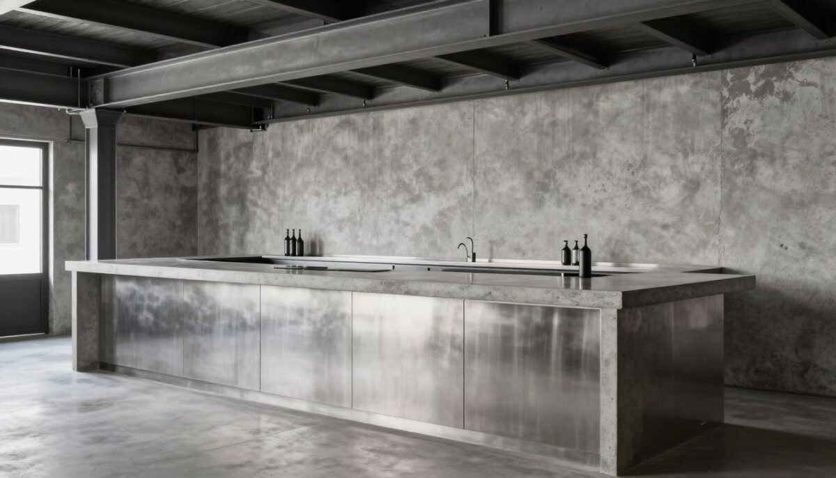 Industrial concrete countertop bar with steel accents for built-in bar ideas
