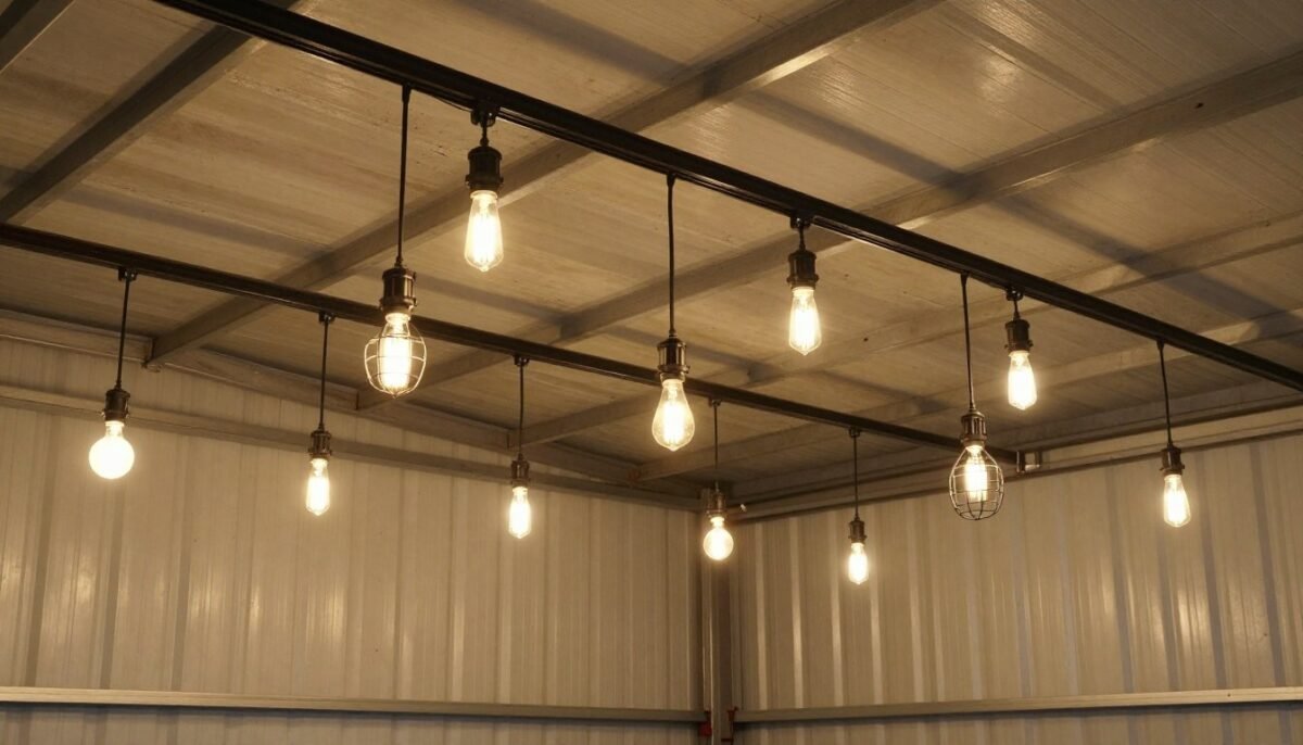 Industrial lighting in shed house interior