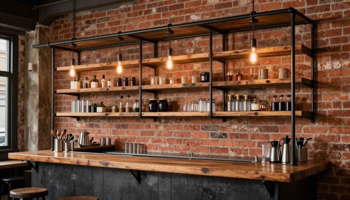 Industrial pipe shelving bar against exposed brick for built-in bar ideas