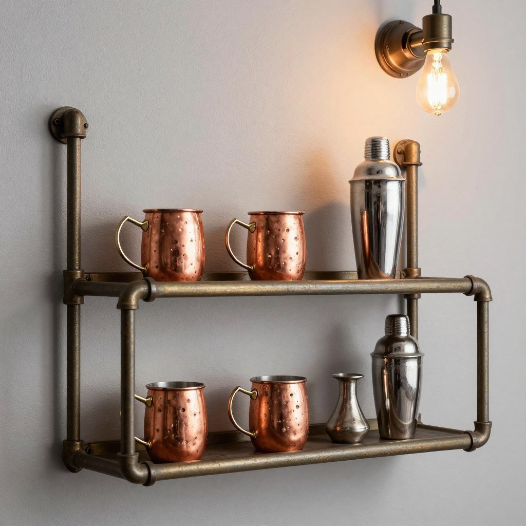Industrial pipe shelving with vintage bar accessories