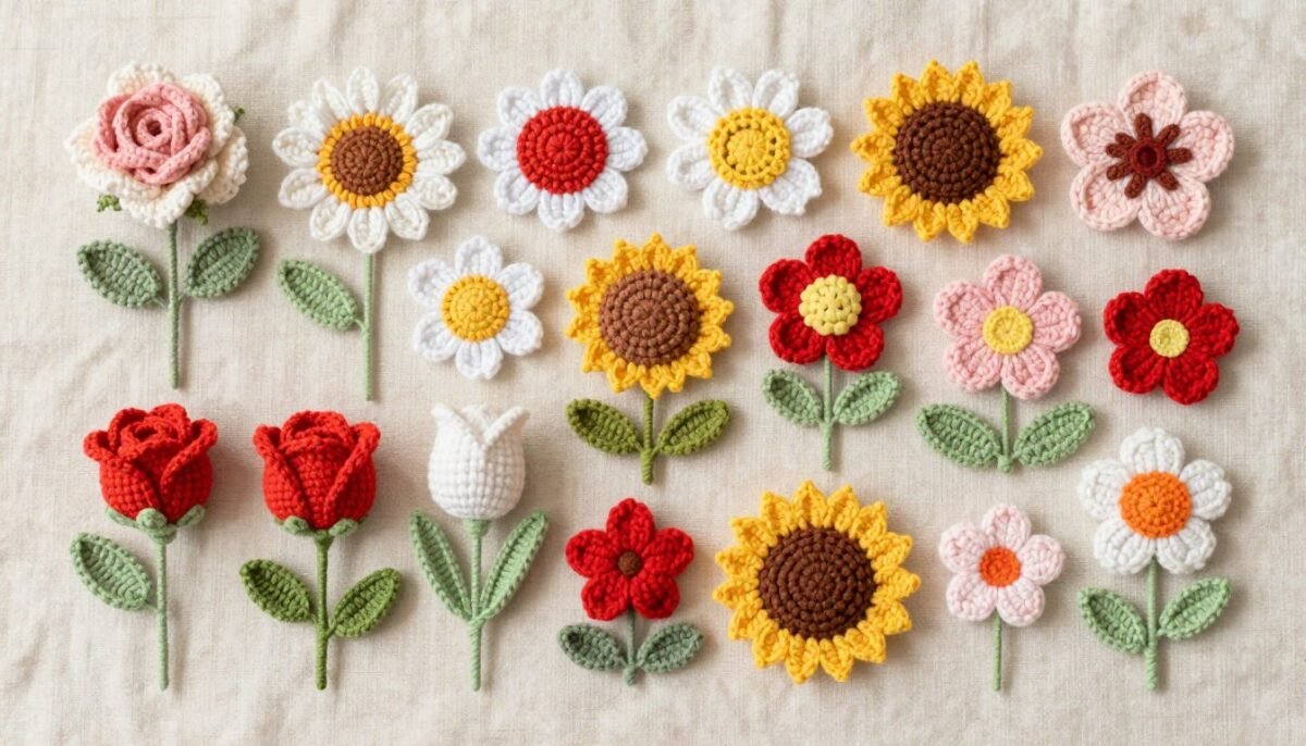 Inspiring collection of various completed crochet flowers celebrating creative achievement