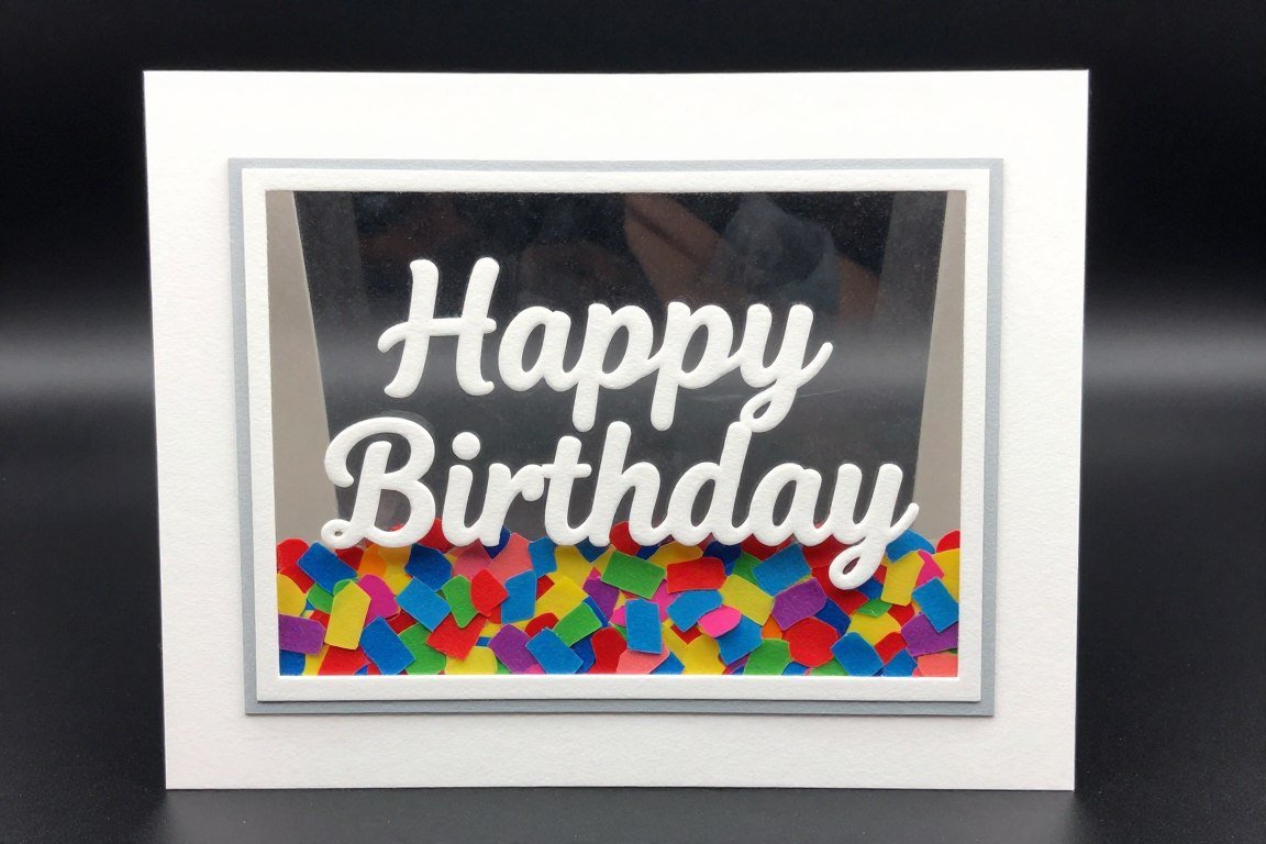 Interactive shaker birthday card with loose confetti inside clear window