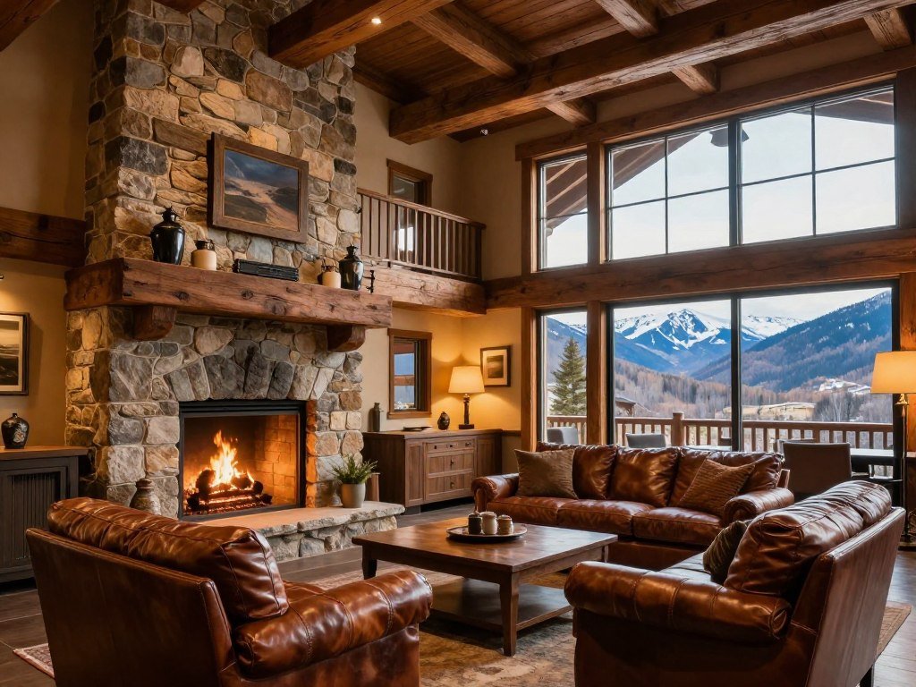 Interior common area of Dancing Bear Lodge featuring rustic elegance and mountain views
