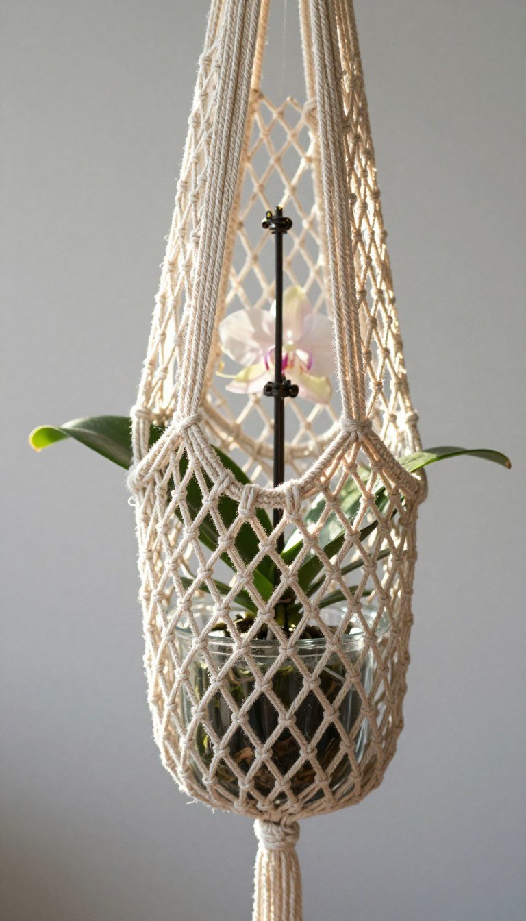 Intricate net pattern macrame plant hanger with delicate openwork