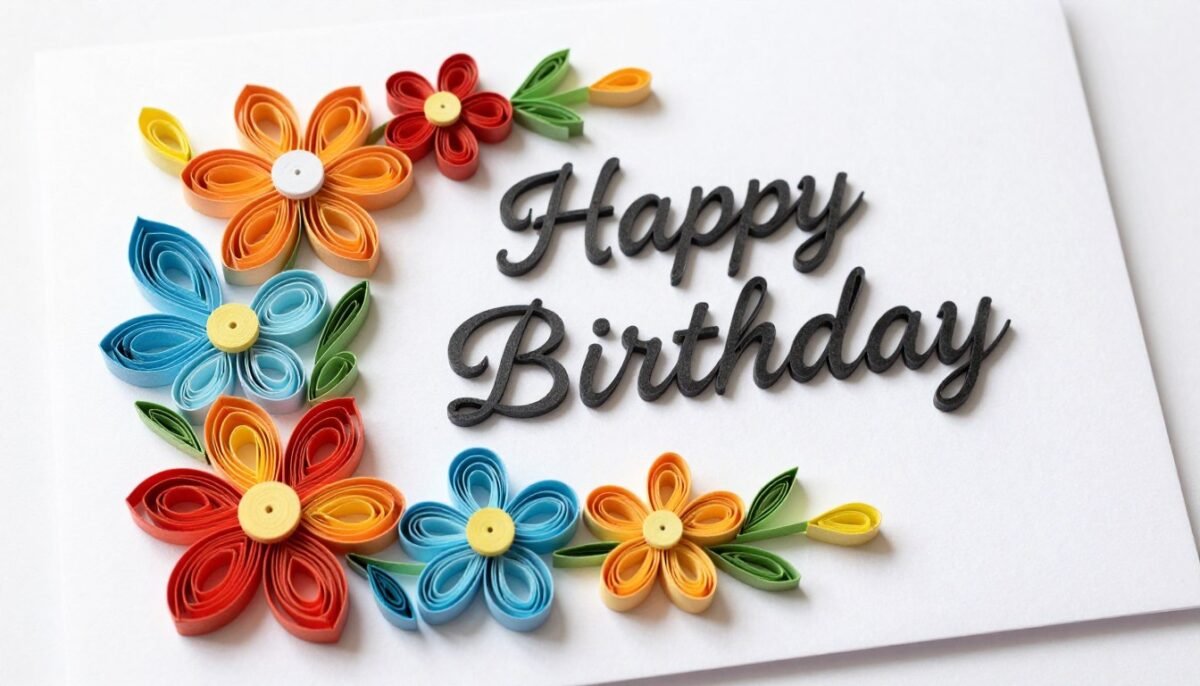 Intricate quilled paper birthday card with rolled paper designs
