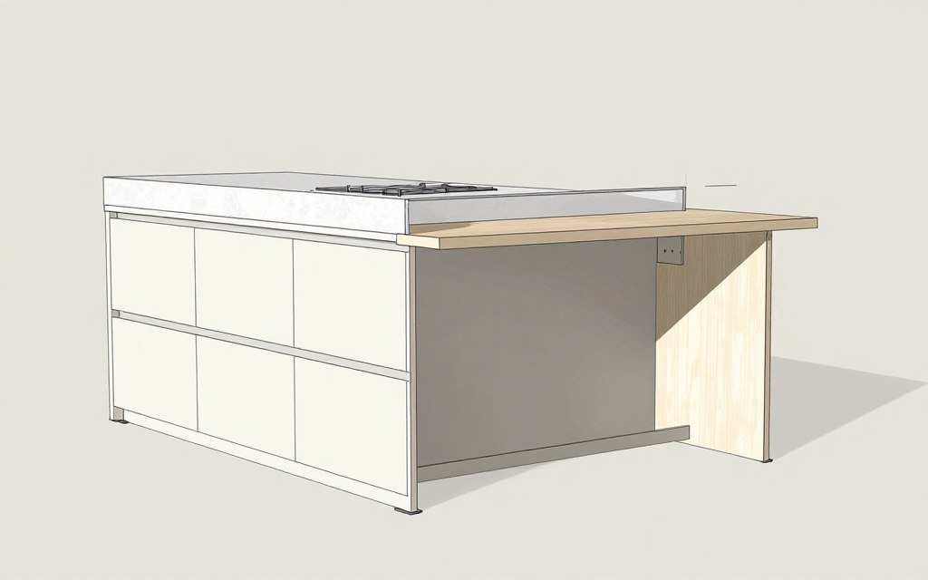 Island bar showing cabinet storage on kitchen side and open leg room on bar side