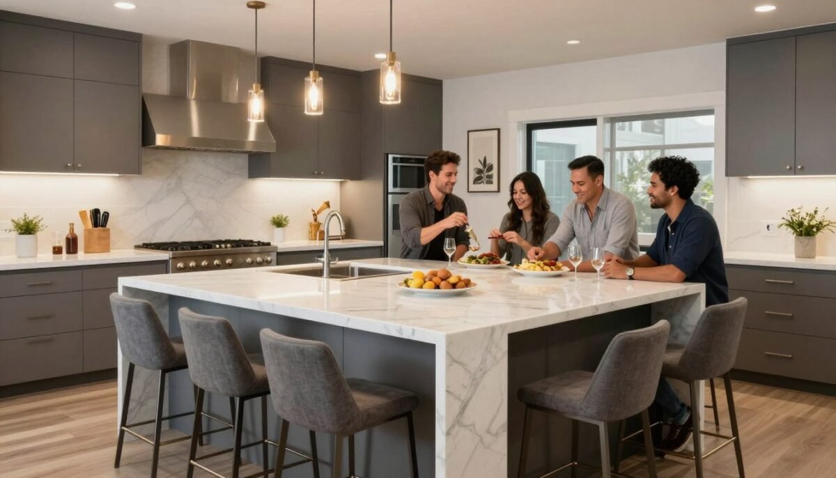 Island bar with seating on multiple sides showing functionality