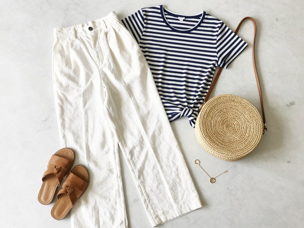 Italian Spring Fashion Outfits casual look with white linen pants and striped shirt