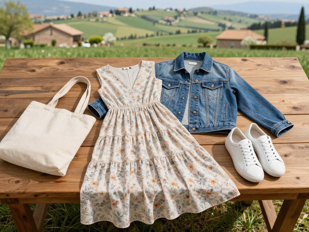 Italian spring outfit featuring floral midi dress with denim jacket