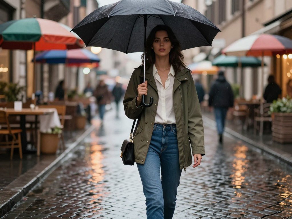 Italian spring rainy day outfit with rain jacket
