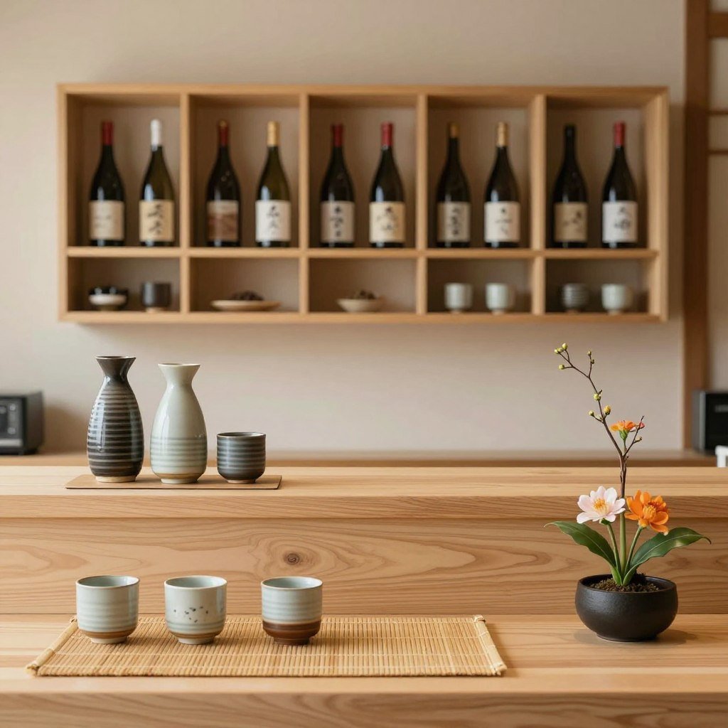 Japanese bar with sake set and minimalist decor for built-in bar ideas