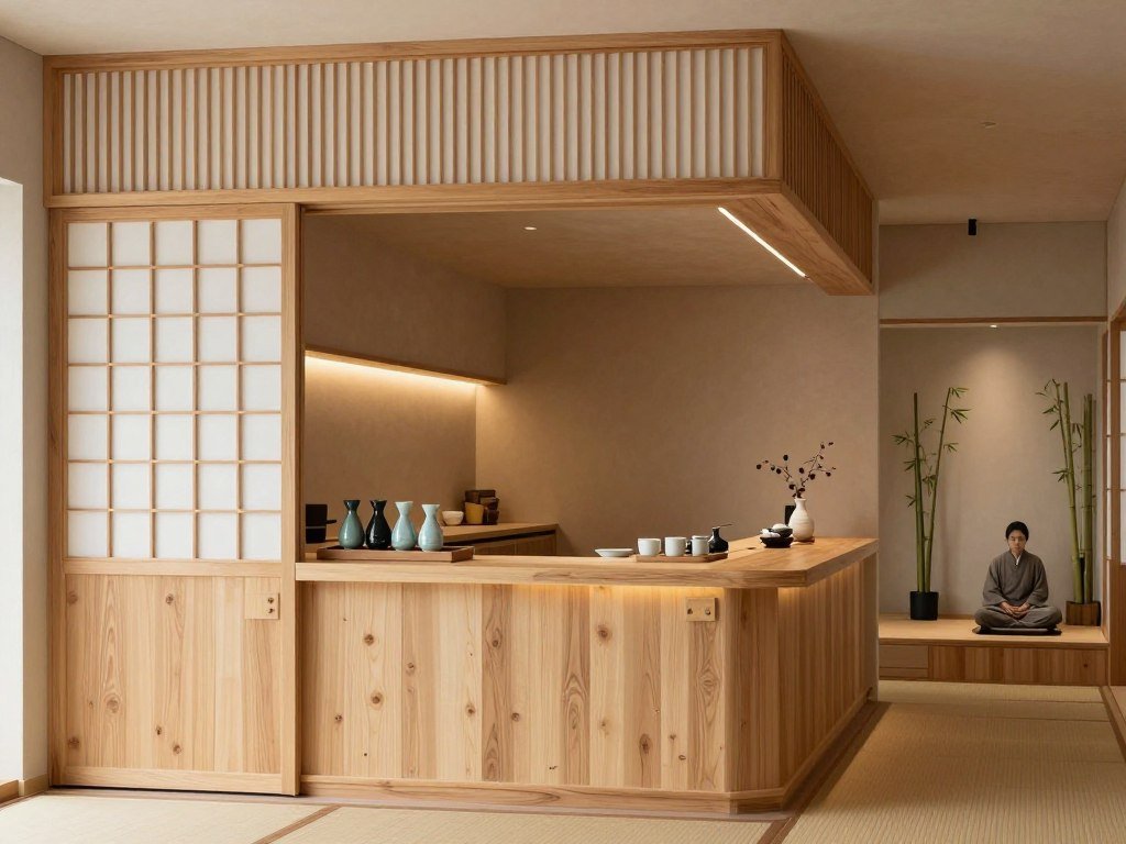 Japanese minimalist bar nook with natural materials for built-in bar ideas