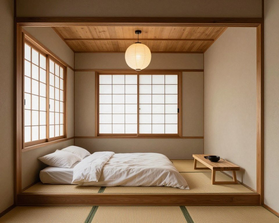 Japanese zen bedroom in 16x40 shed house