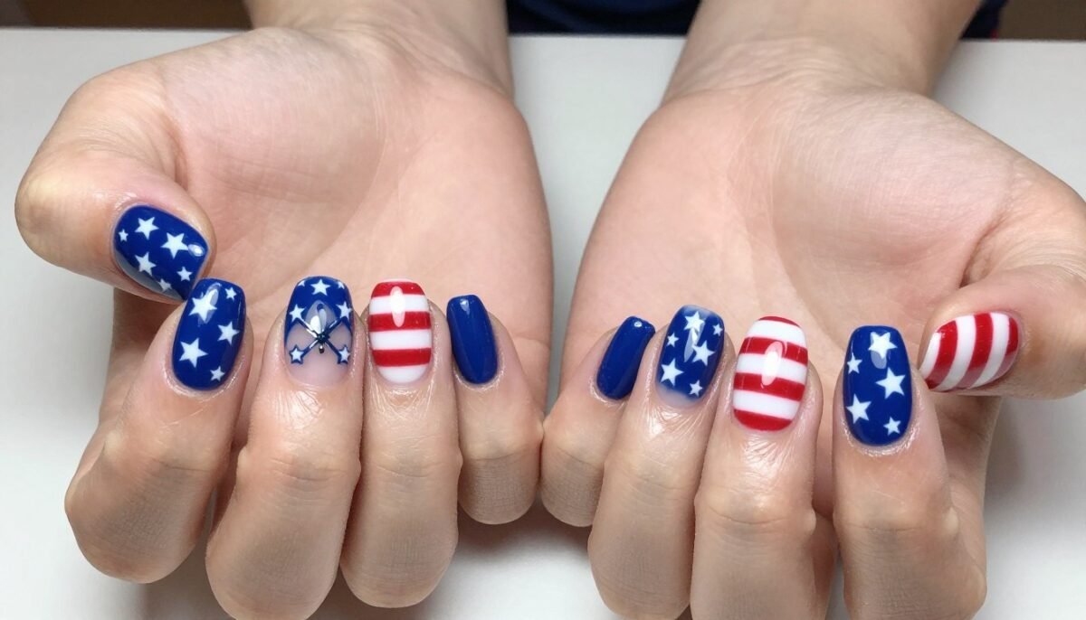 July nails featuring stars and stripes design with patriotic Fourth of July theme July nails featuring stars and stripes design with patriotic Fourth of July theme