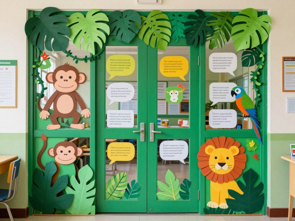 Jungle safari themed teacher door with wild animals and foliage