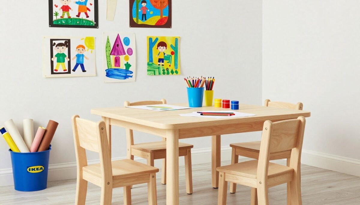 Kids art station with IKEA FLISAT table and storage