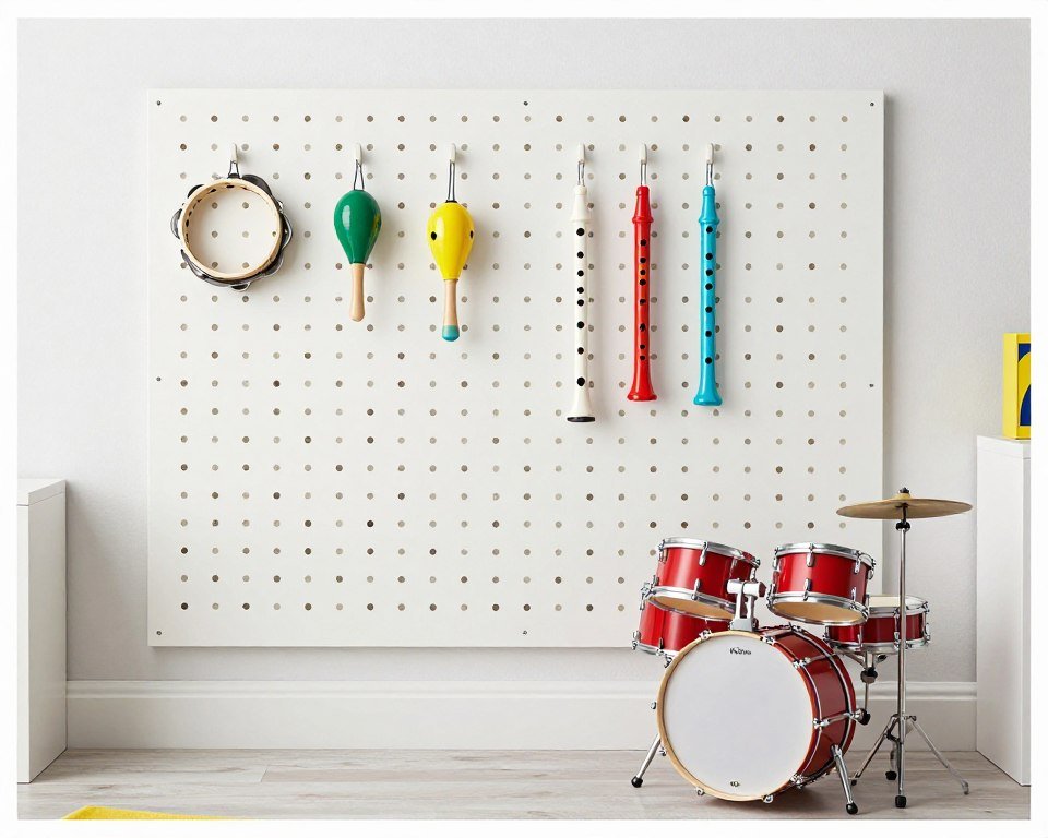 Kids music corner with IKEA SKADIS pegboard storage