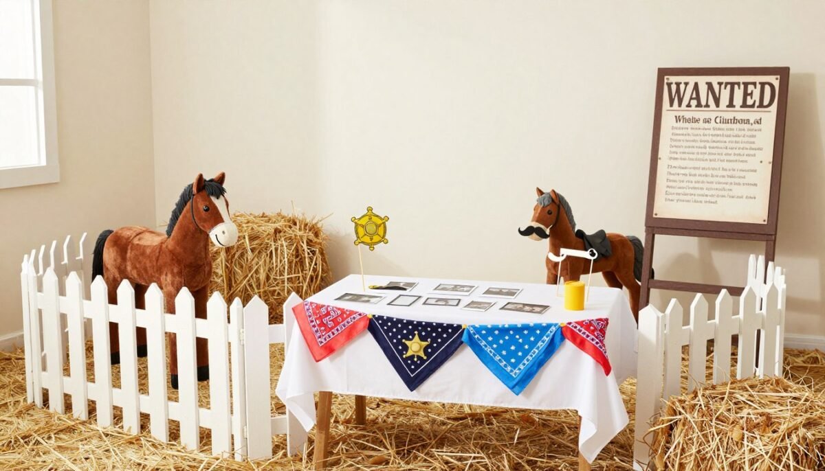 Kids western party area with stick horses and props