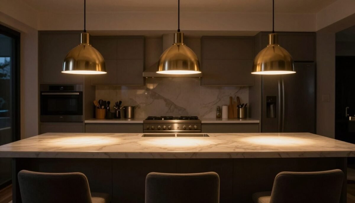 Kitchen island bar with three pendant lights defining space