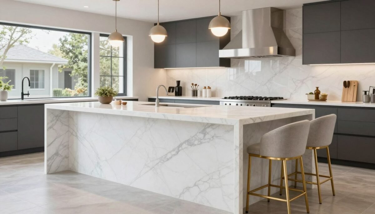Kitchen island bar with white marble waterfall edges
