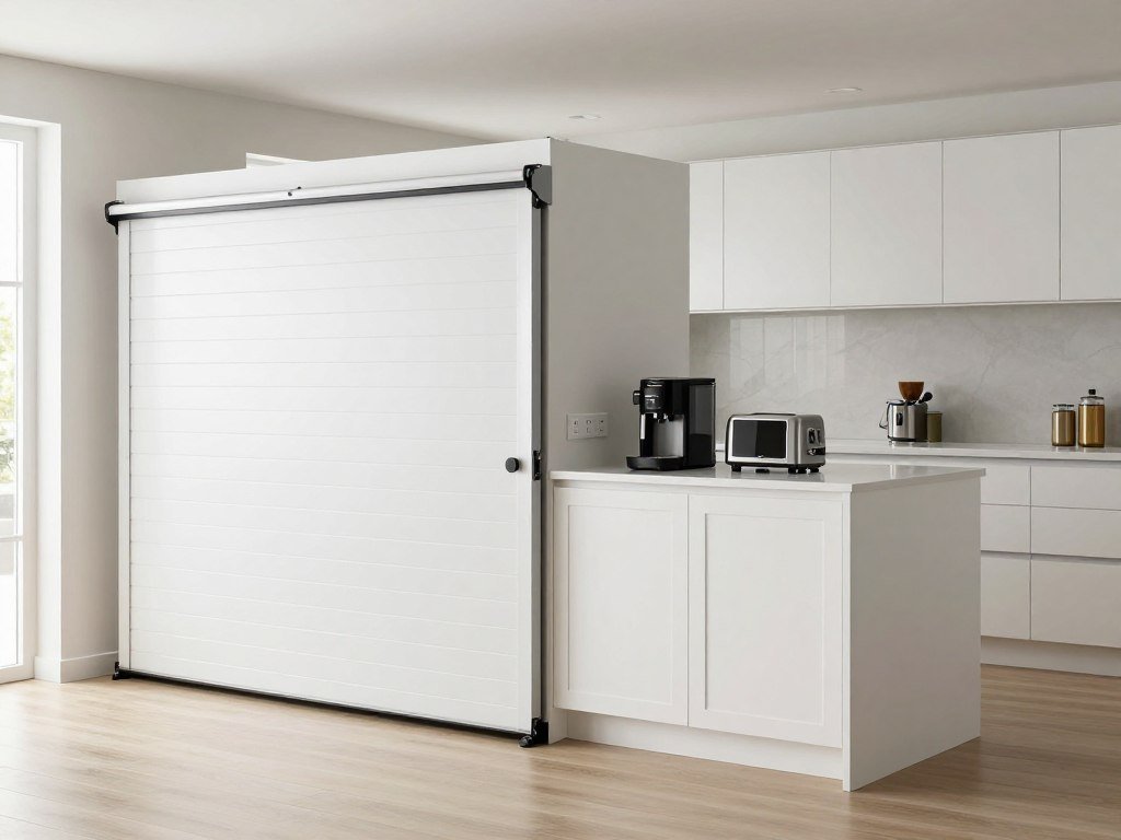Kitchen island with appliance garage and tambour door