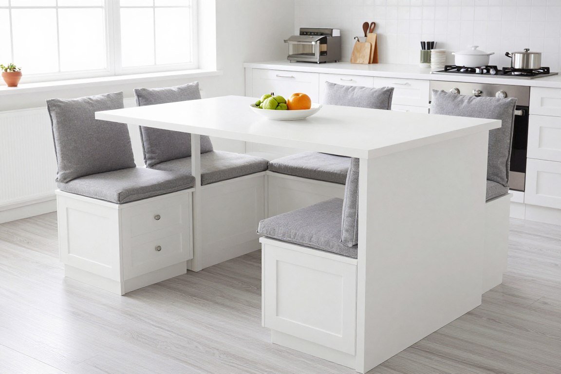 Kitchen island with integrated bench seating and storage