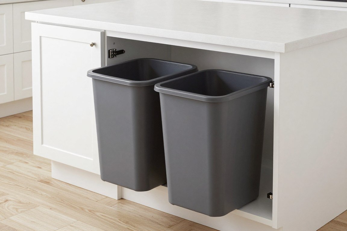 Kitchen island with integrated pull-out trash and recycling bins
