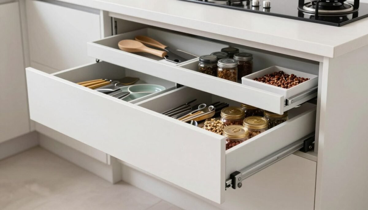 Kitchen island with smart pull-out drawer organization