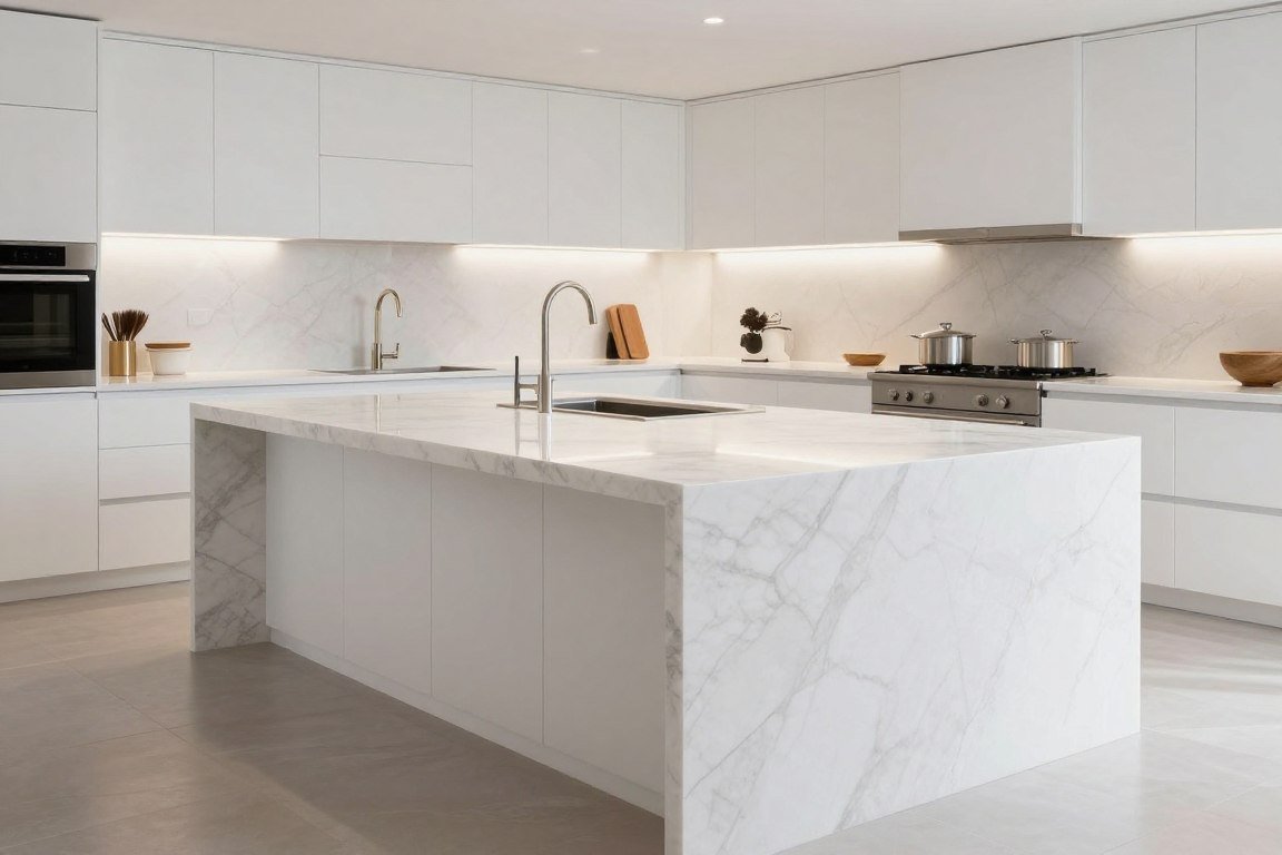 Kitchen island with white marble countertop and waterfall edge