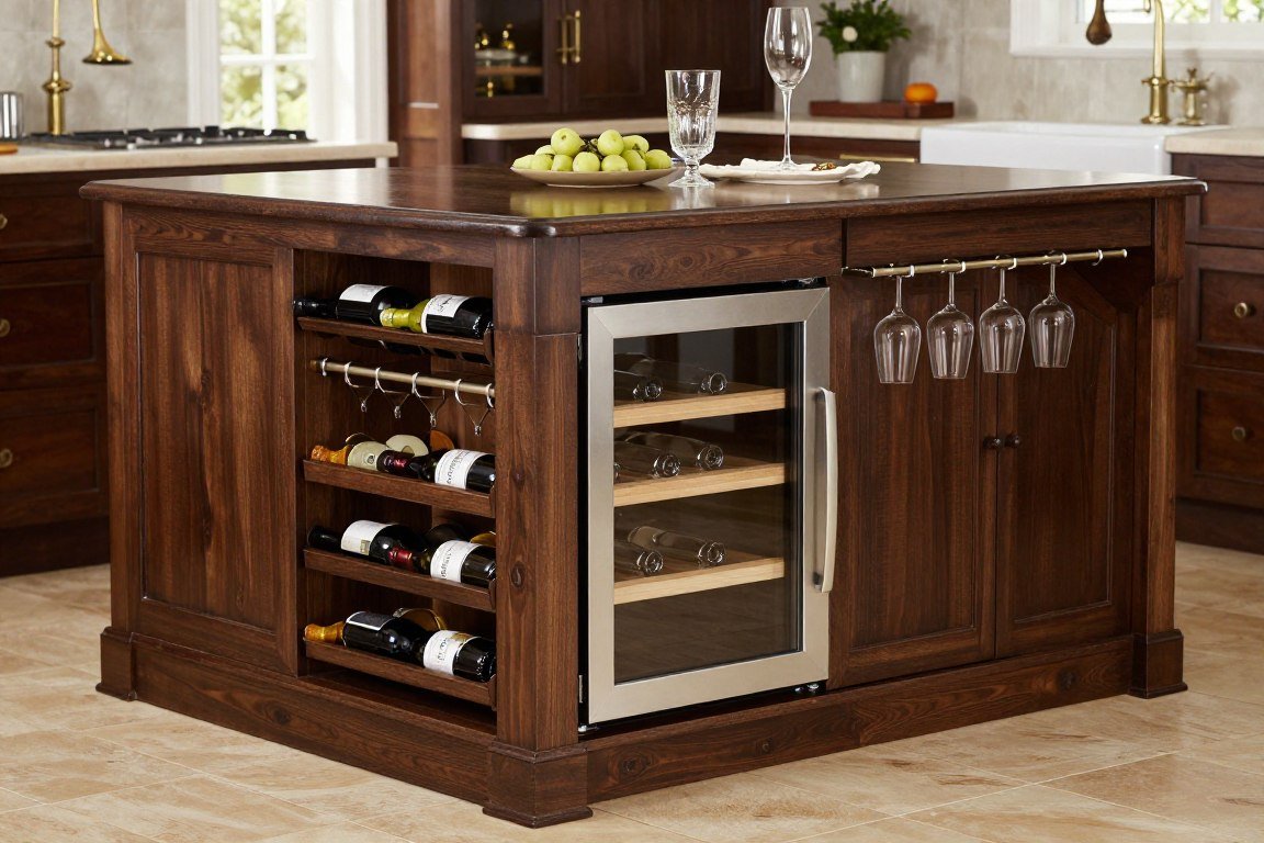 Kitchen island with wine rack and glass storage