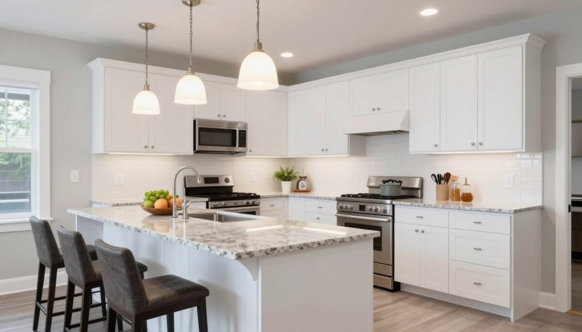 Kitchen peninsula island attached to main cabinets creating L-shape