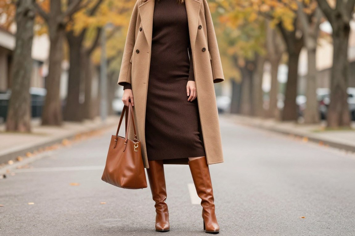 Knit midi dress with wool coat for elegant Italian fall style