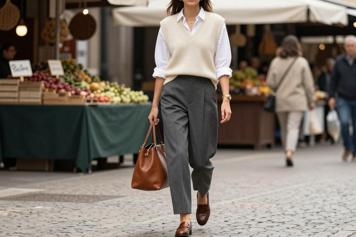 Knit vest over white shirt with tailored pants layering outfit