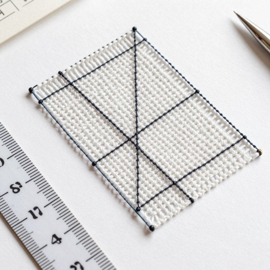 Knitted gauge swatch being measured with ruler showing stitch and row count