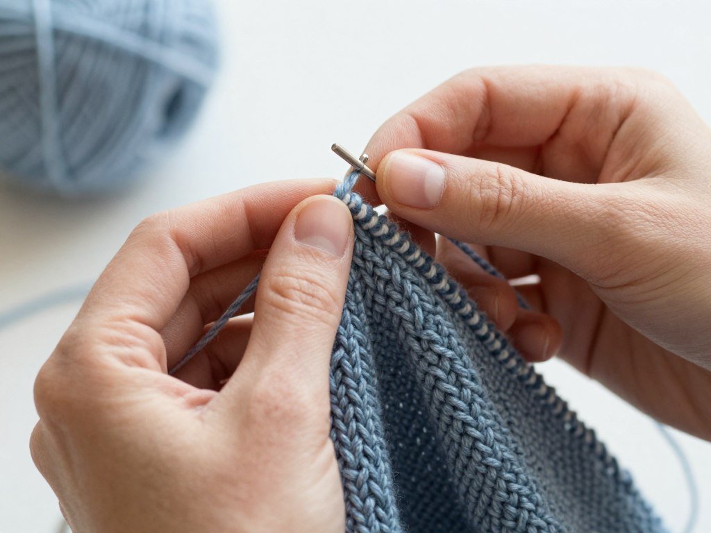 Knitter examining work in progress to check for errors