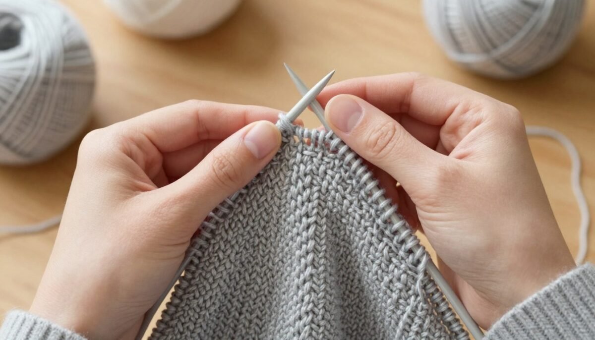 Knitter working on Yngrid Cardigan sleeve in the round with double-pointed needles