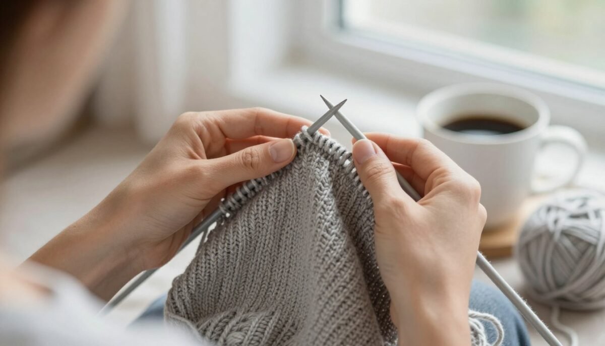 Knitter working on baby sweater project