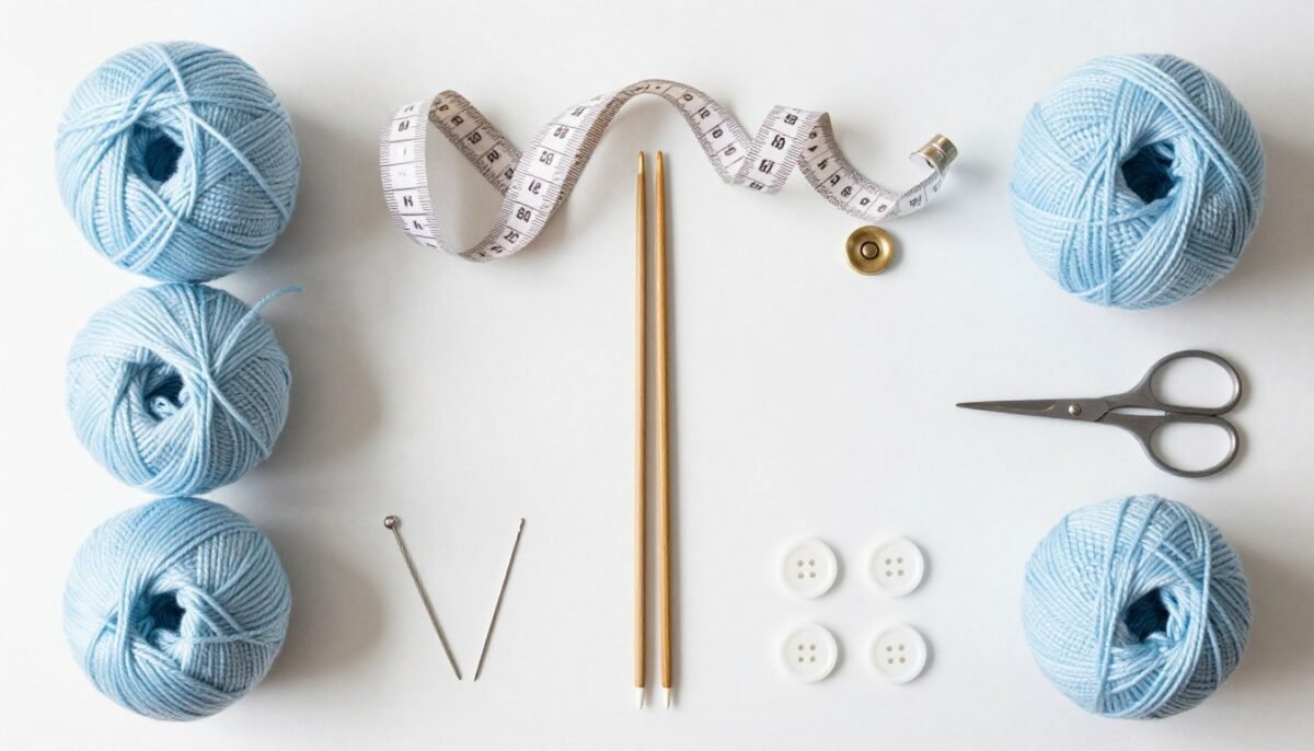 Knitting materials for baby cardigan free pattern including yarn balls needles and buttons