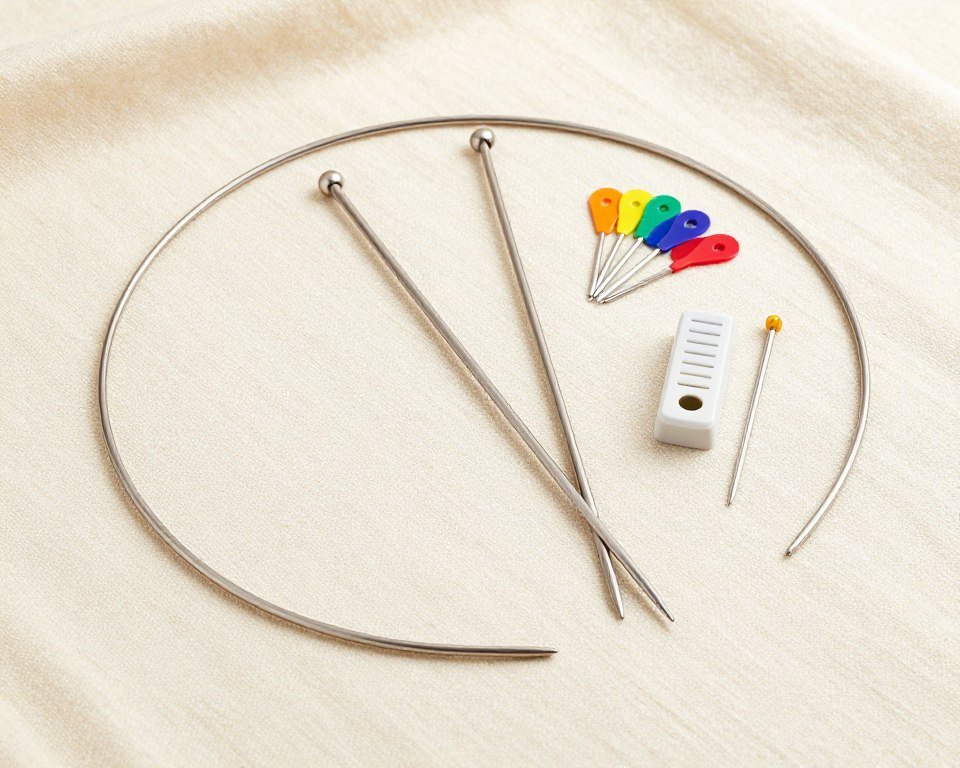 Knitting needles and essential notions for baby sweater pattern