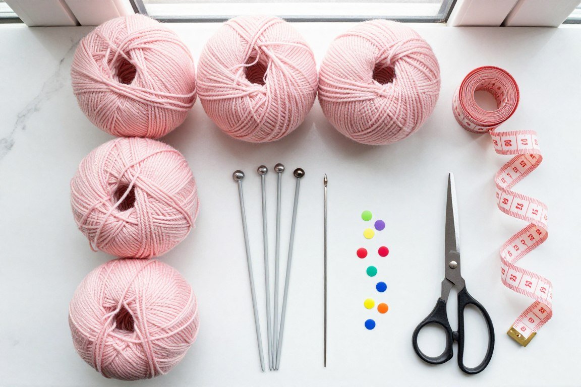 Knitting supplies laid out including yarn skeins, circular needles, and stitch markers