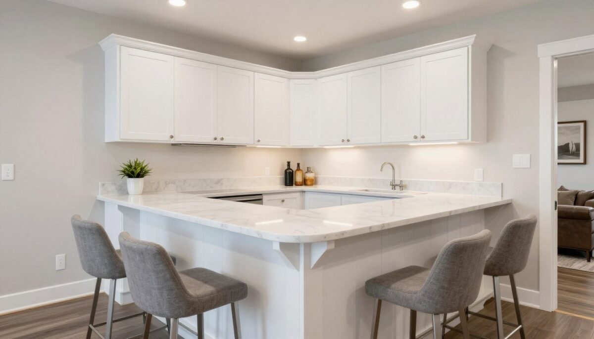 L-shaped corner bar with white cabinets and marble countertop