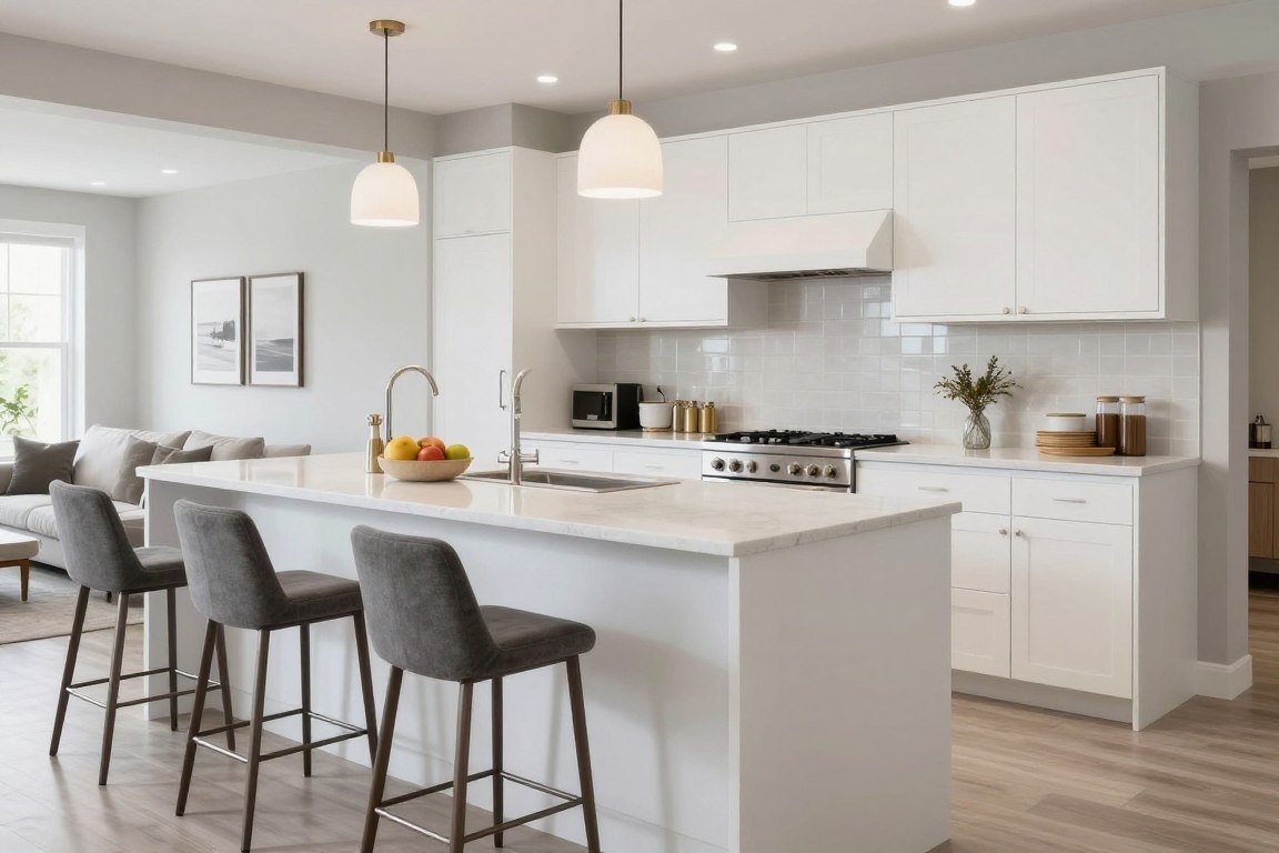L-shaped peninsula kitchen island with bar seating