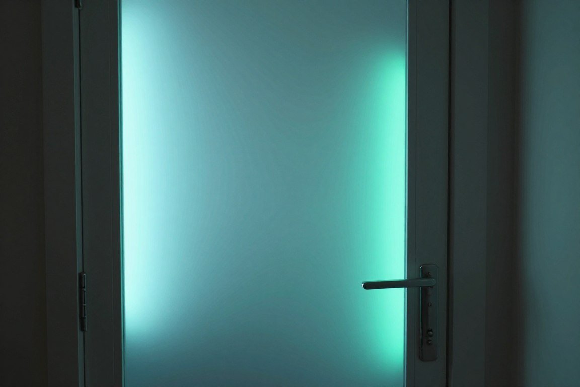 LED strips behind glass door panel creating glow effect