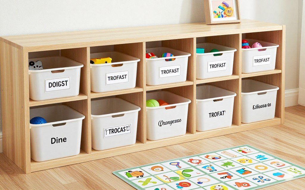 Labeled IKEA storage bins for easy cleanup