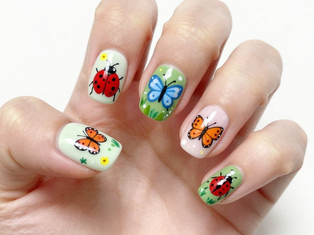 Ladybug and garden insect nail art