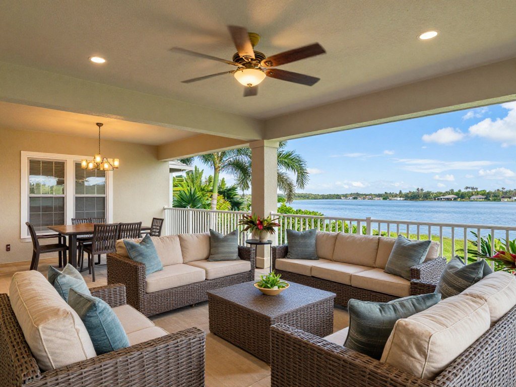 Lanai with multiple seating areas for entertaining
